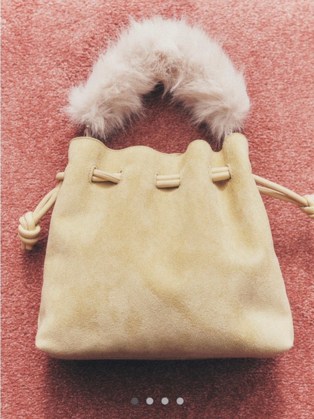 Suede Drawstring Bucket Bag with Faux Fur Handle - Light Yellow